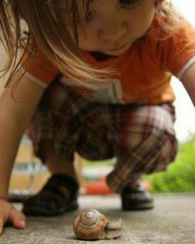niño pequeño jugando con caracol editado